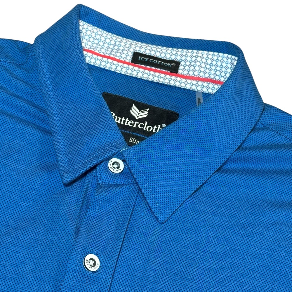 Buttercloth Icy Cotton Blue Dots Short Sleeve Button Down Shirt Slim Fit Men XL